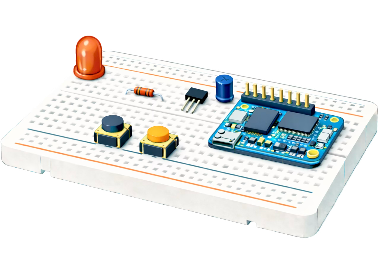 Placă de test cu LED, butoane și componente electronice